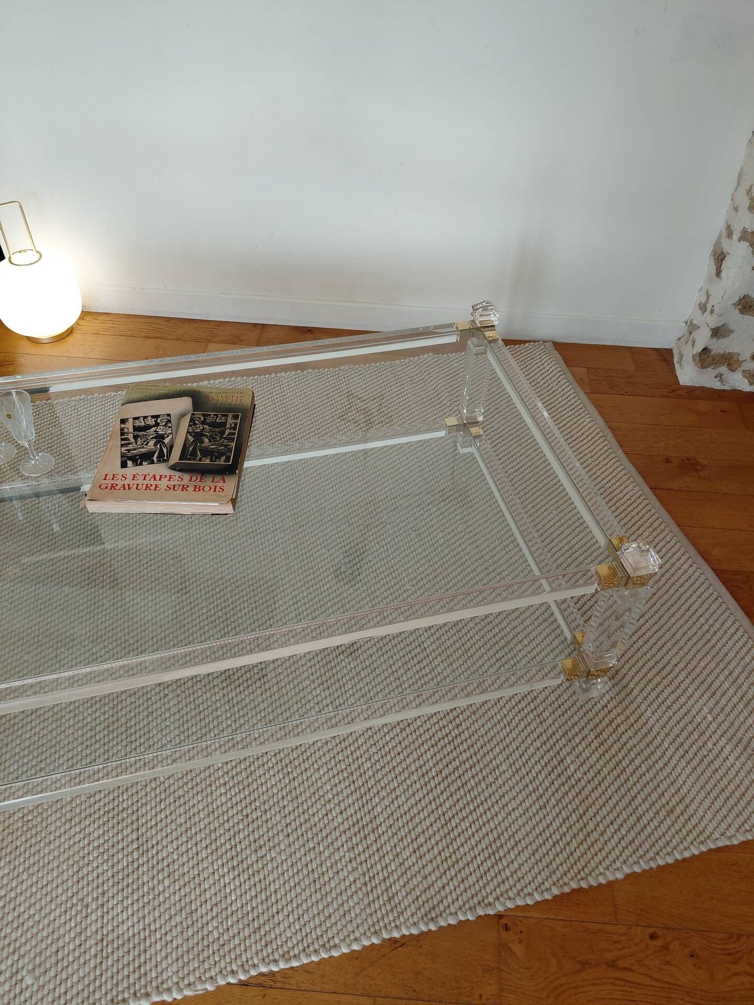 Large Hollywood Regency coffee table Lucite Brass double top 70s