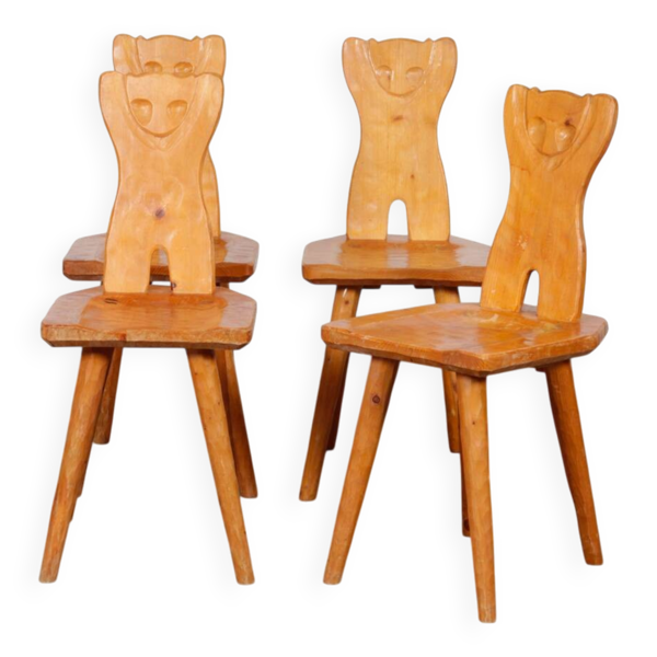 Suite de 4 chaises en bois à dossier zoomorphe, 1960