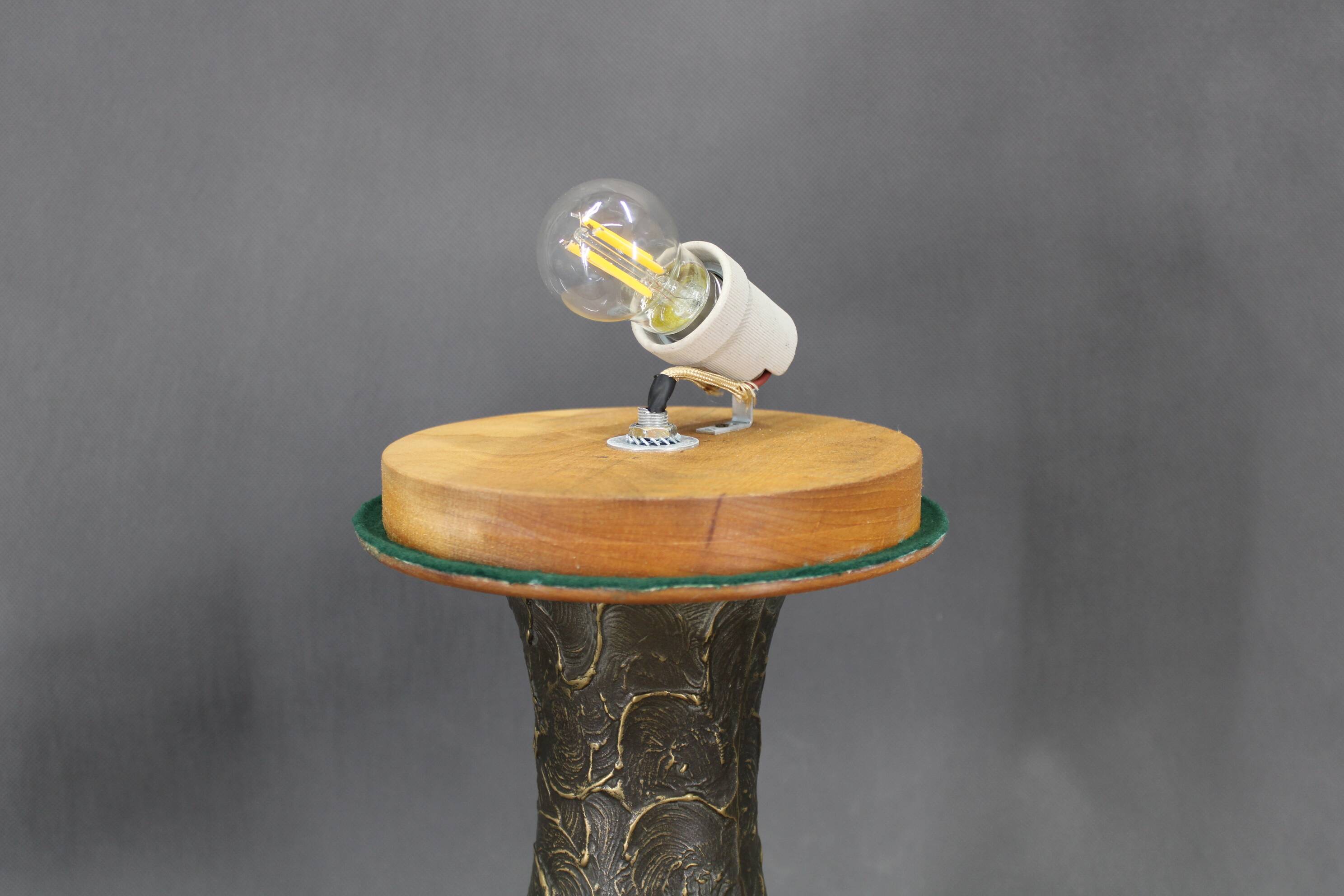 1940s restored brass table lamp with wooden base and glass shade