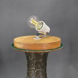 1940s restored brass table lamp with wooden base and glass shade