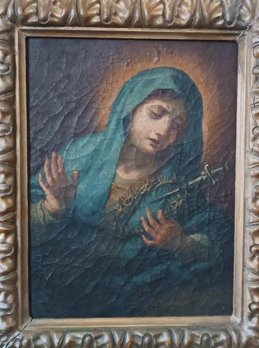Old oil painting on canvas "Our Lady of Sorrows"