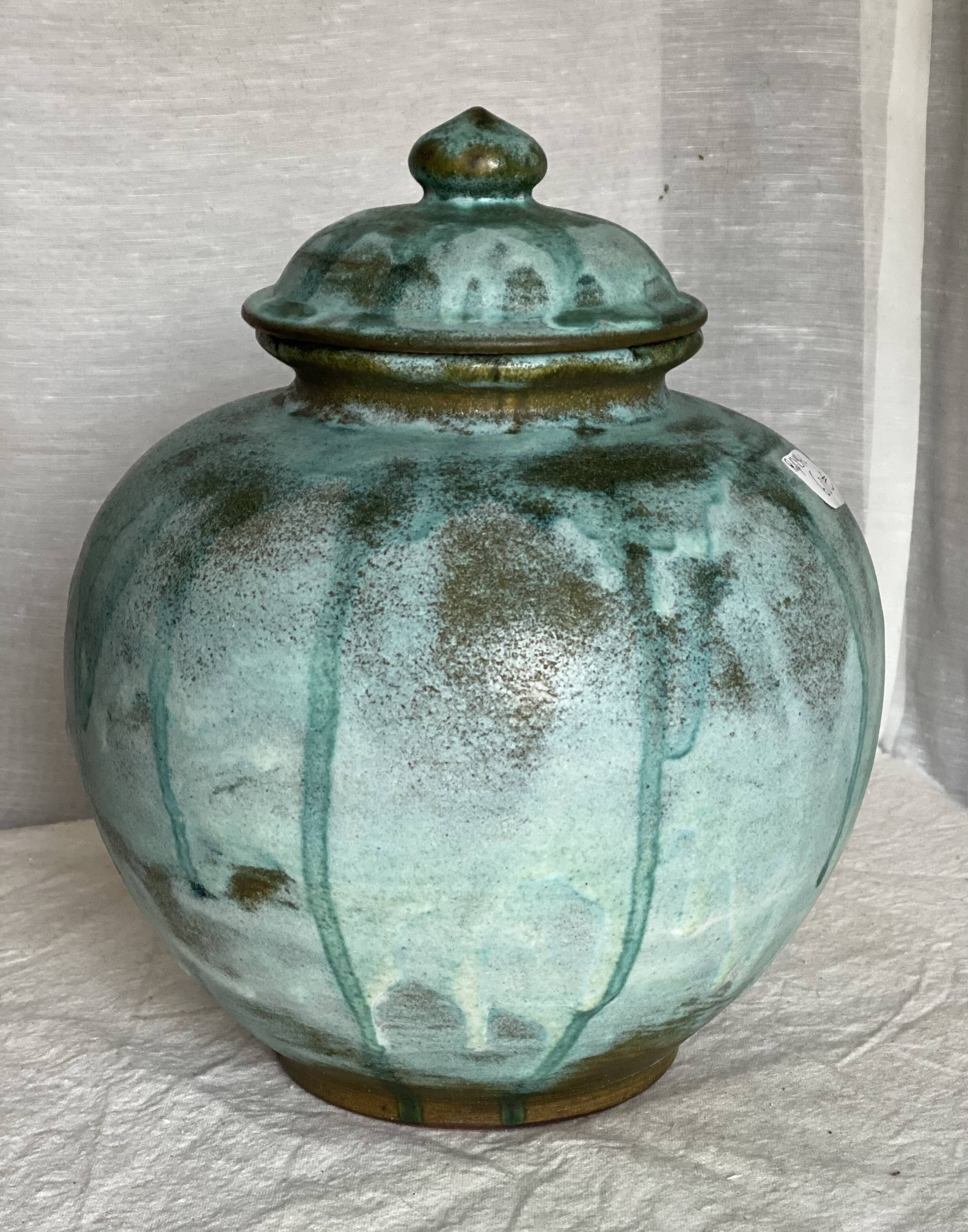 Vintage 1970s blue enameled stoneware ball pot with lid, signed Vallauris style