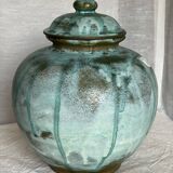 Pot boule à couvercle grés émaillé bleu vintage 1970 signé style Vallauris