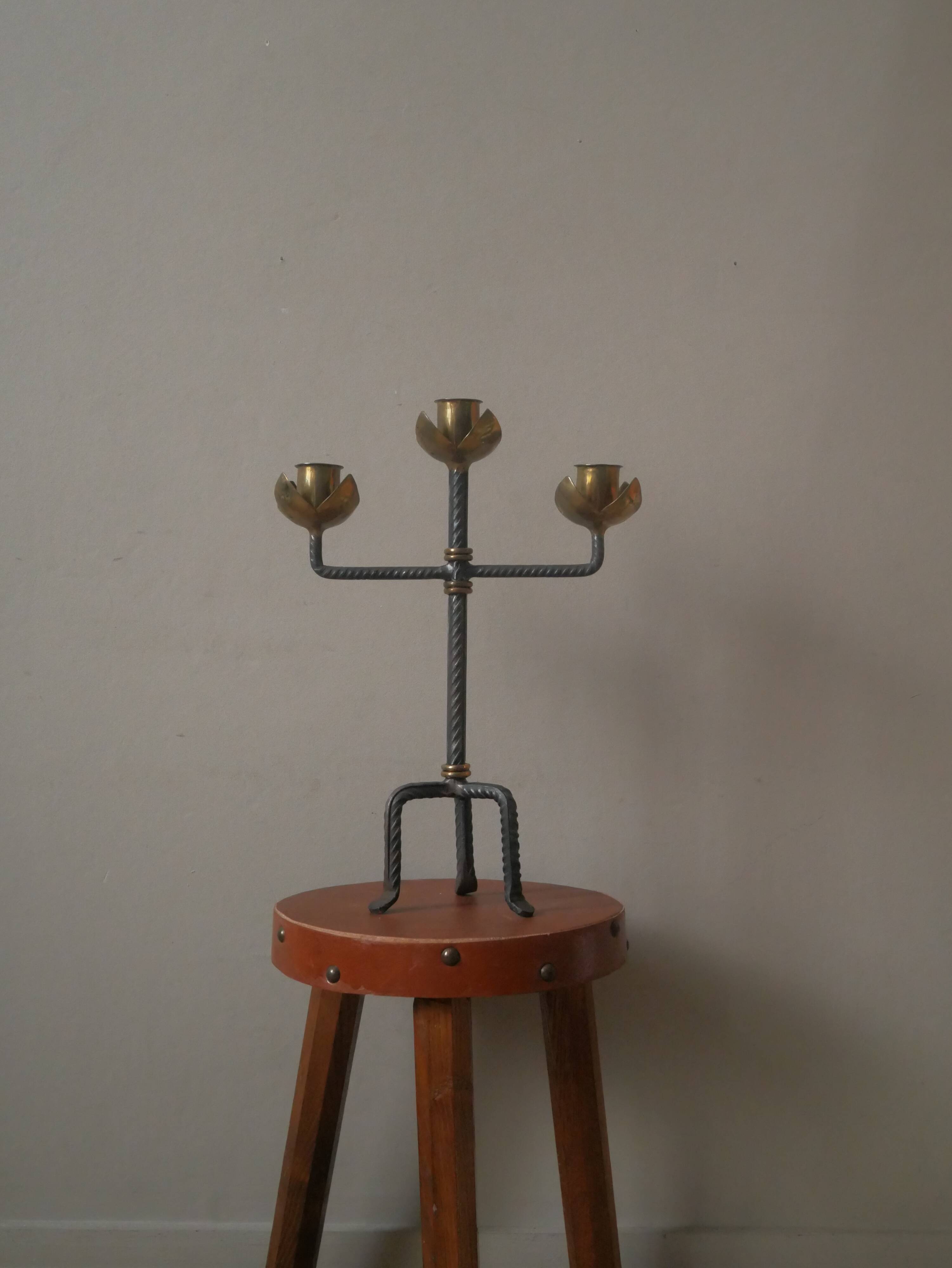 Candlestick with three branches wrought iron brass handcrafted unique piece candelabra candle holder
