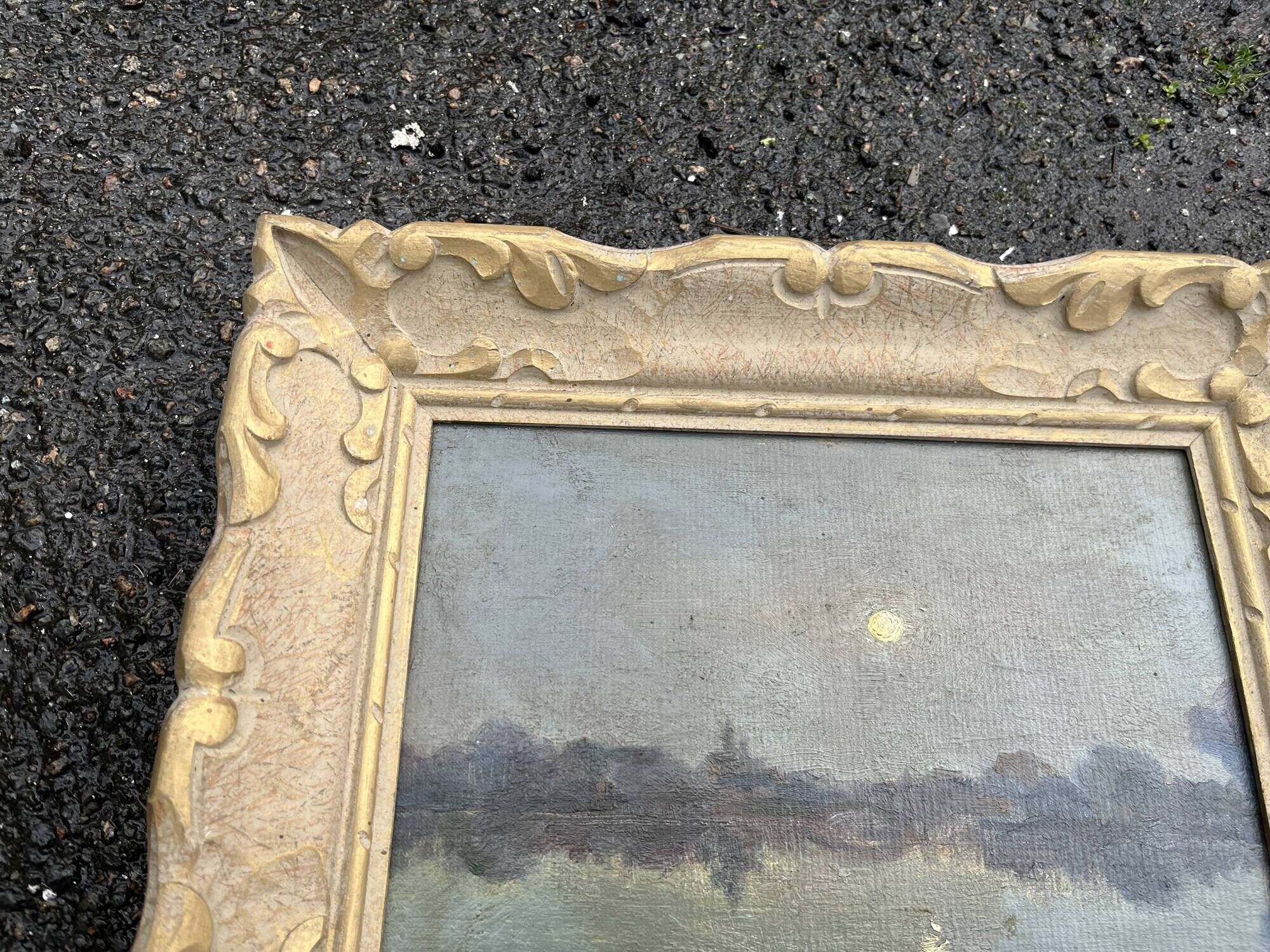 Antique Painting - Night Landscape by the Water and Golden Frame
