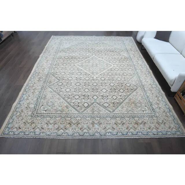 1970s Vintage Persian Handmade Wool Cotton Beige Area Rug 287x384