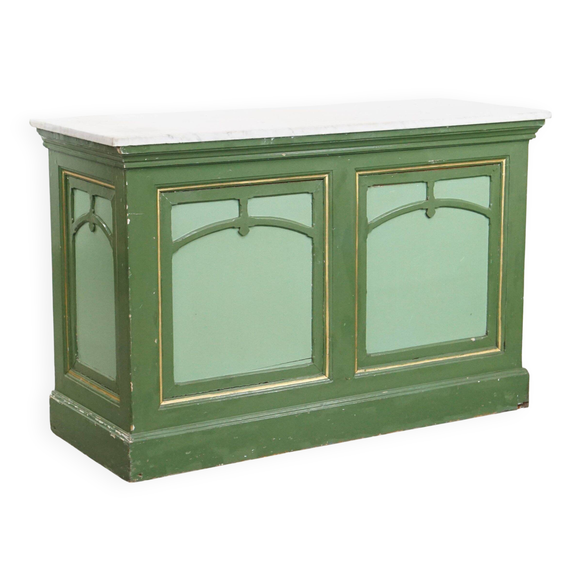 Buffet/comptoir/table d'appoint ancien unique, de couleur verte, datant de la fin du XIXe/début du XXe siècle, avec un plateau en marbre.