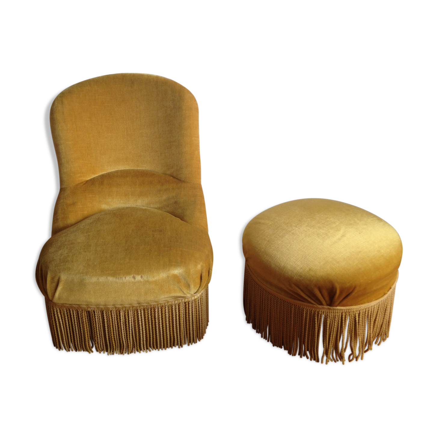 Fauteuil crapaud et pouf velours jaune