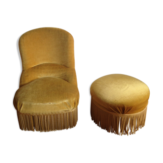 Fauteuil crapaud et pouf velours jaune