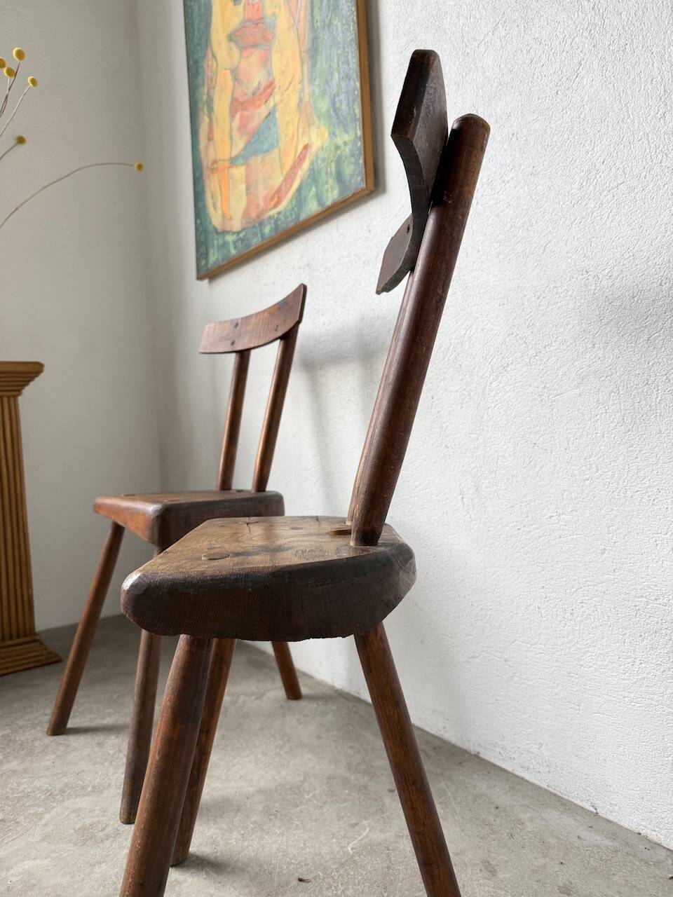 Pair of Savoyard tripod chairs, folk art, oak.