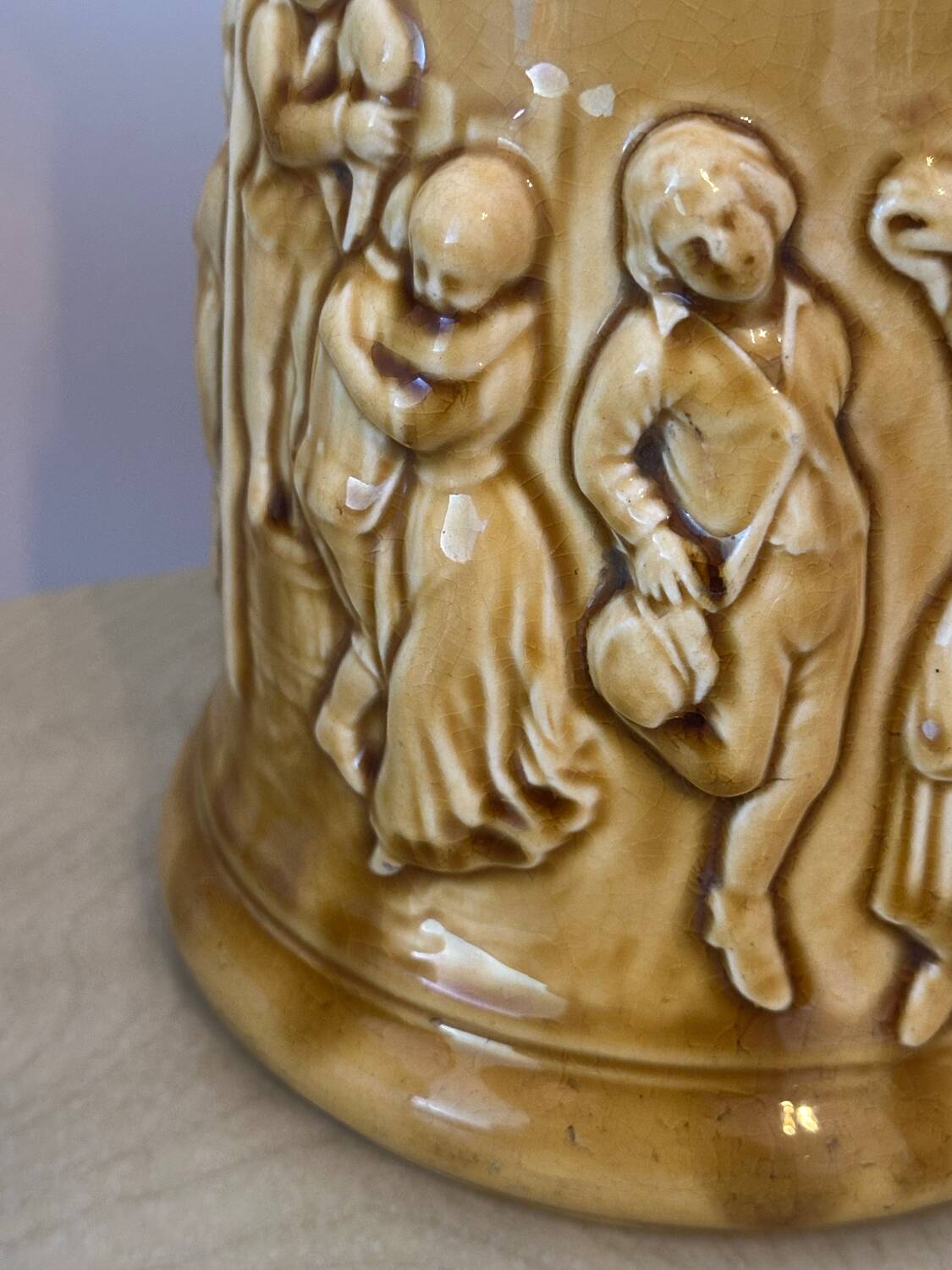 Old large Sarreguemines Majolica earthenware pitcher, vintage slip