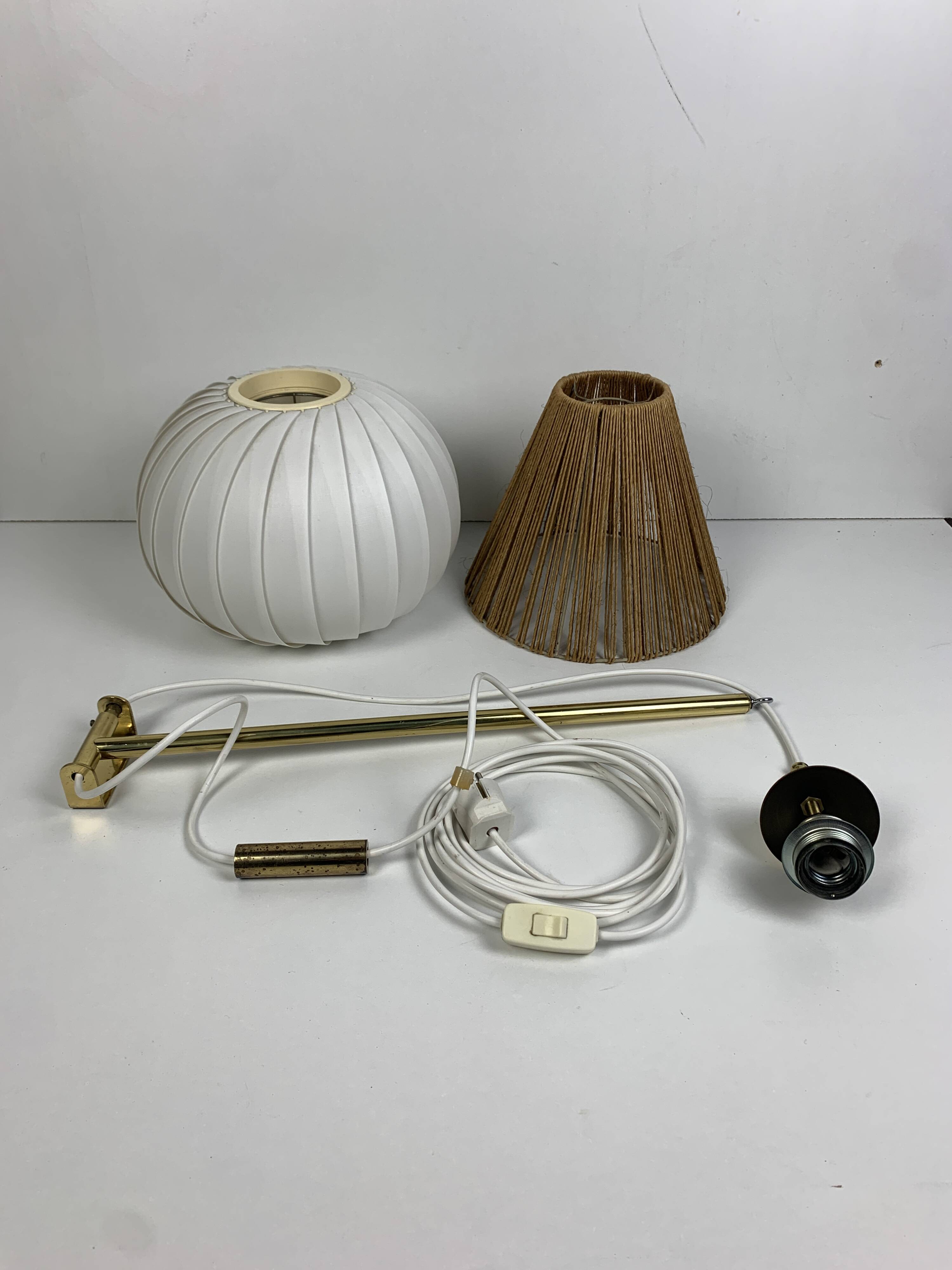 Midcentury extendable brass wall mount with cocoon and sisal shade Lars Schioler, 1960s