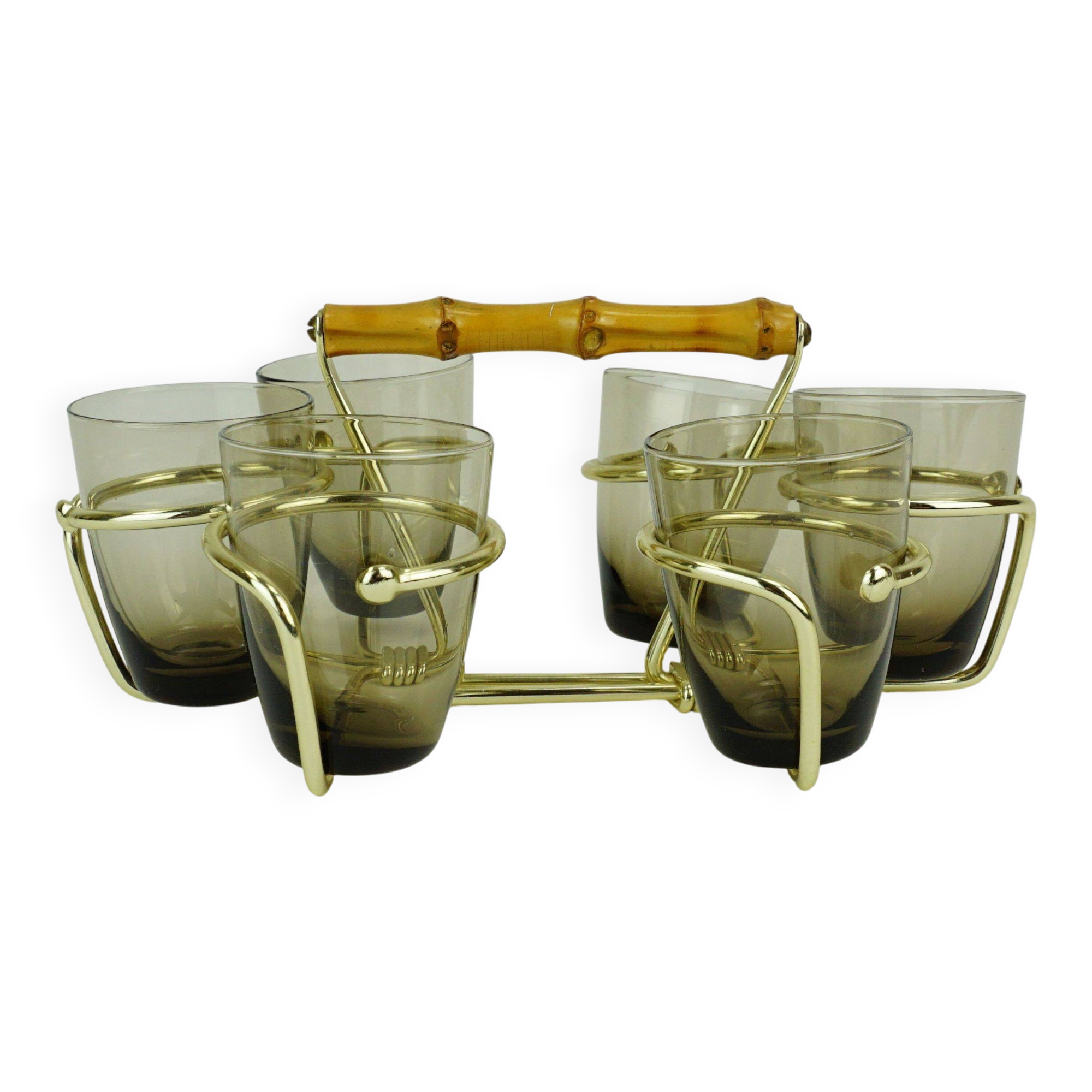 Set of 6 midcentury shot glasses in a brass holder with bamboo handle 1950s