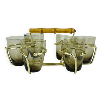 Set of 6 midcentury shot glasses in a brass holder with bamboo handle 1950s