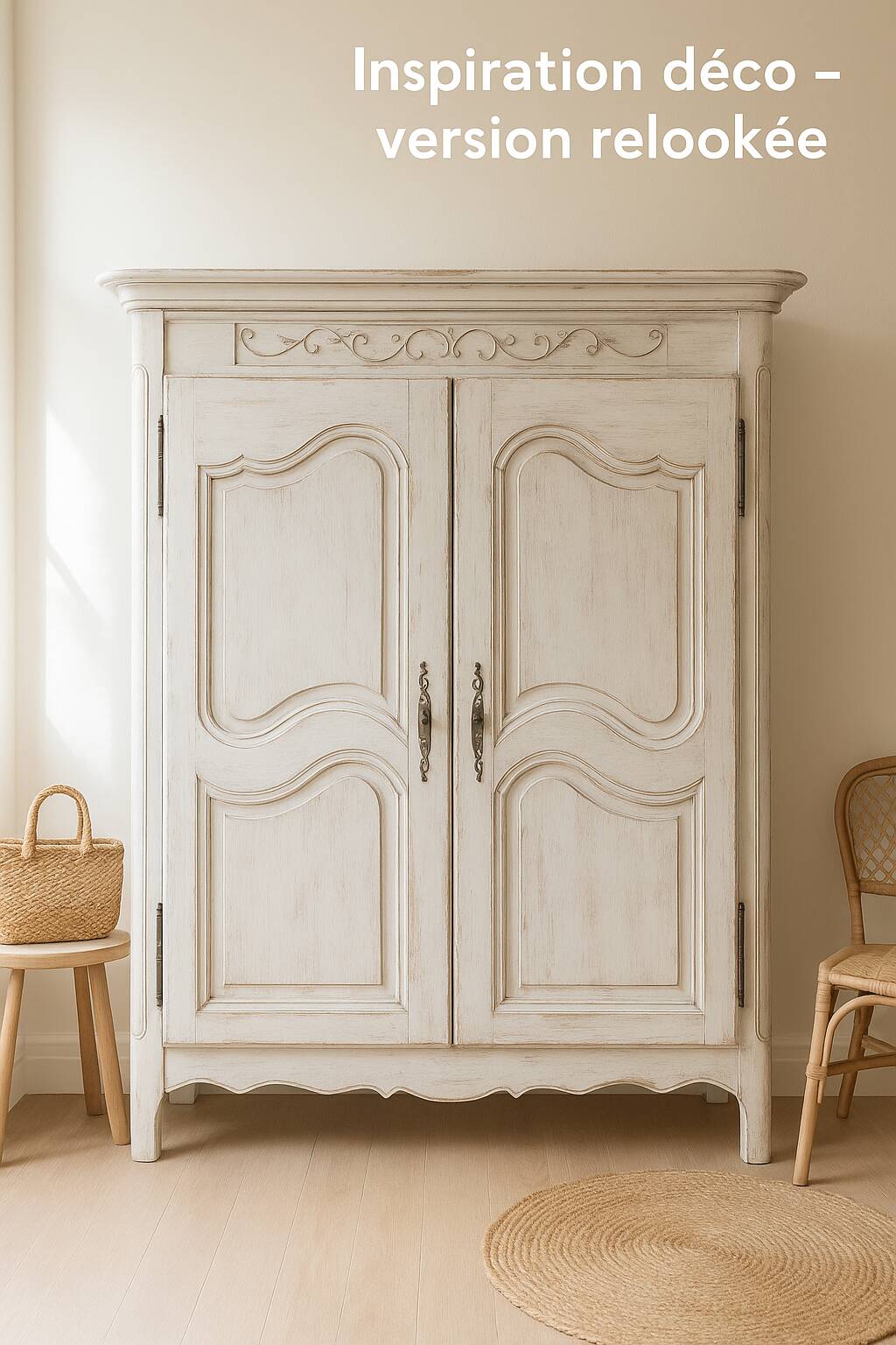 Antique carved wooden wardrobe – 2 doors – Molded cornice