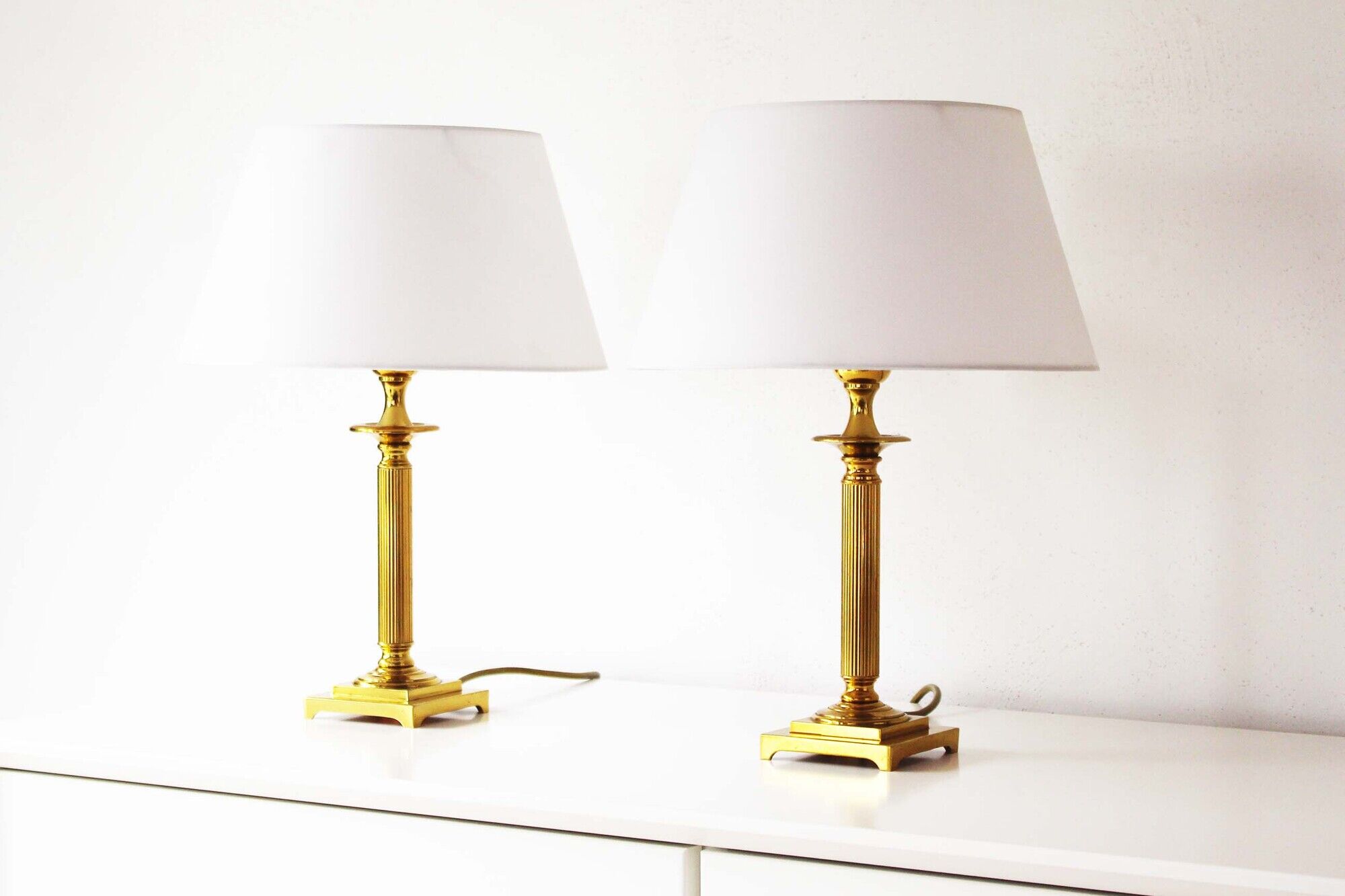 Vintage pair of Brass Column Table Lamps - 1970's Hollywood Regency Lamps