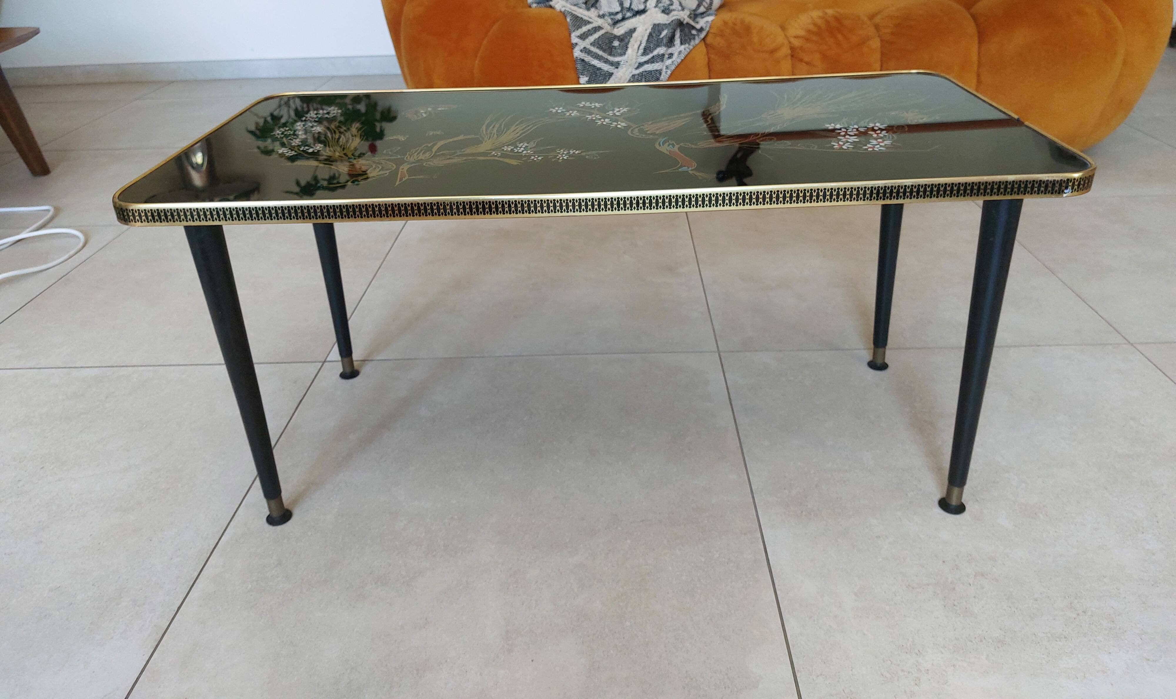 Japanese patterned coffee table, tapered legs and brass, vintage.