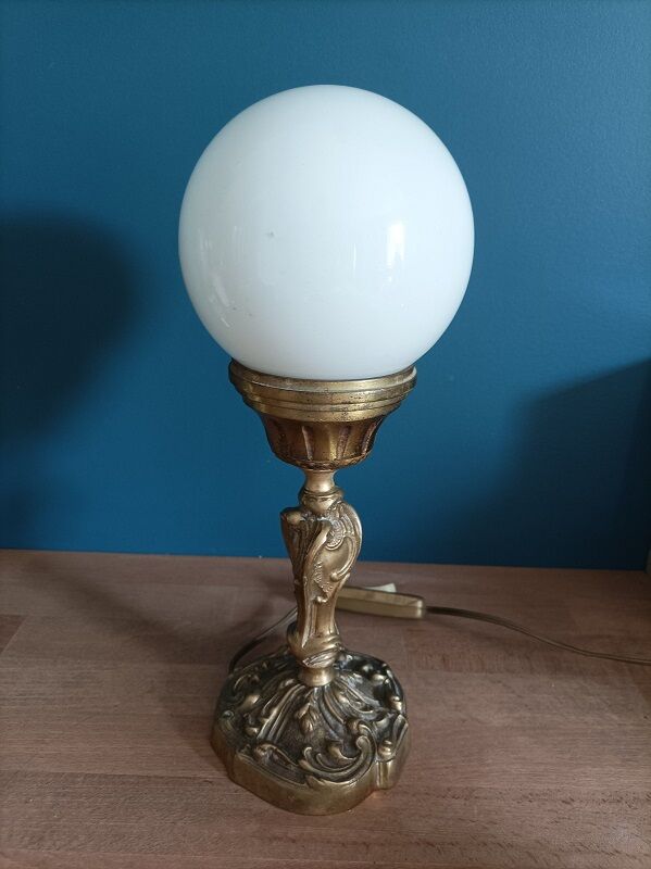 Bedside lamp globe glass opaline base bronze gilded patinated