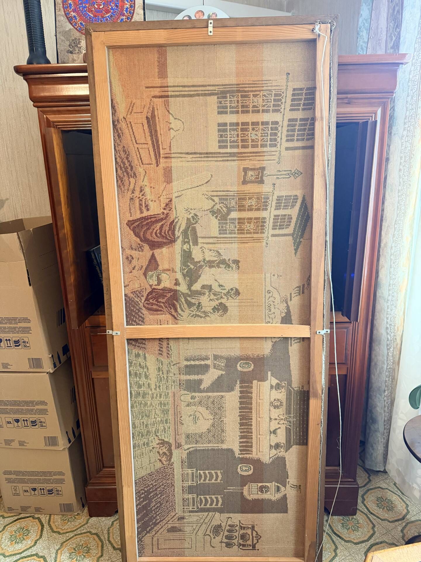Large framed wall tapestry – Antique interior scene