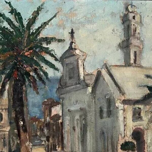 Paysage maritime, vue sur la ville, bâtiment, église, arbre - peinture