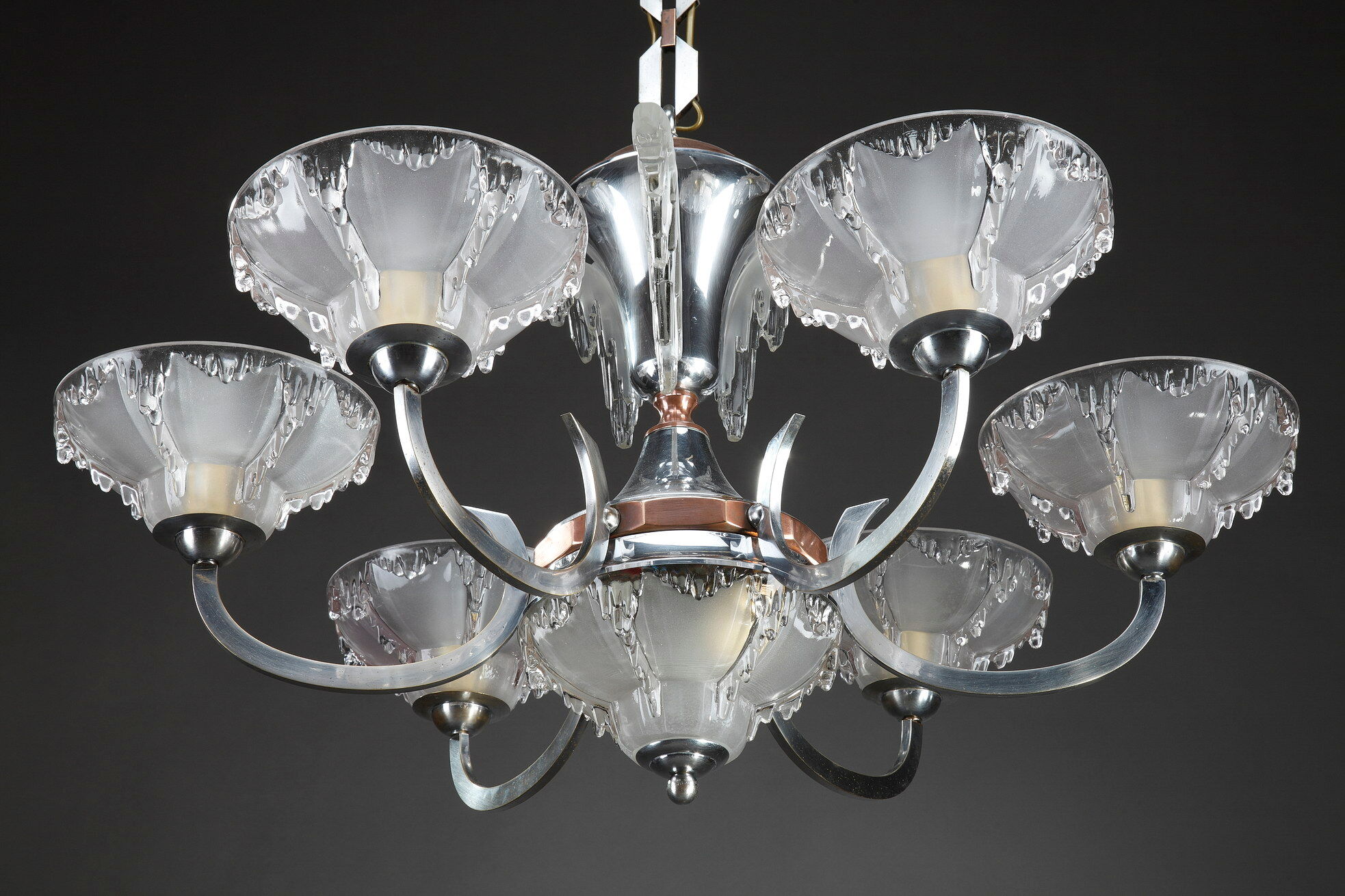 Art Deco chandelier in nickel-plated metal and copper