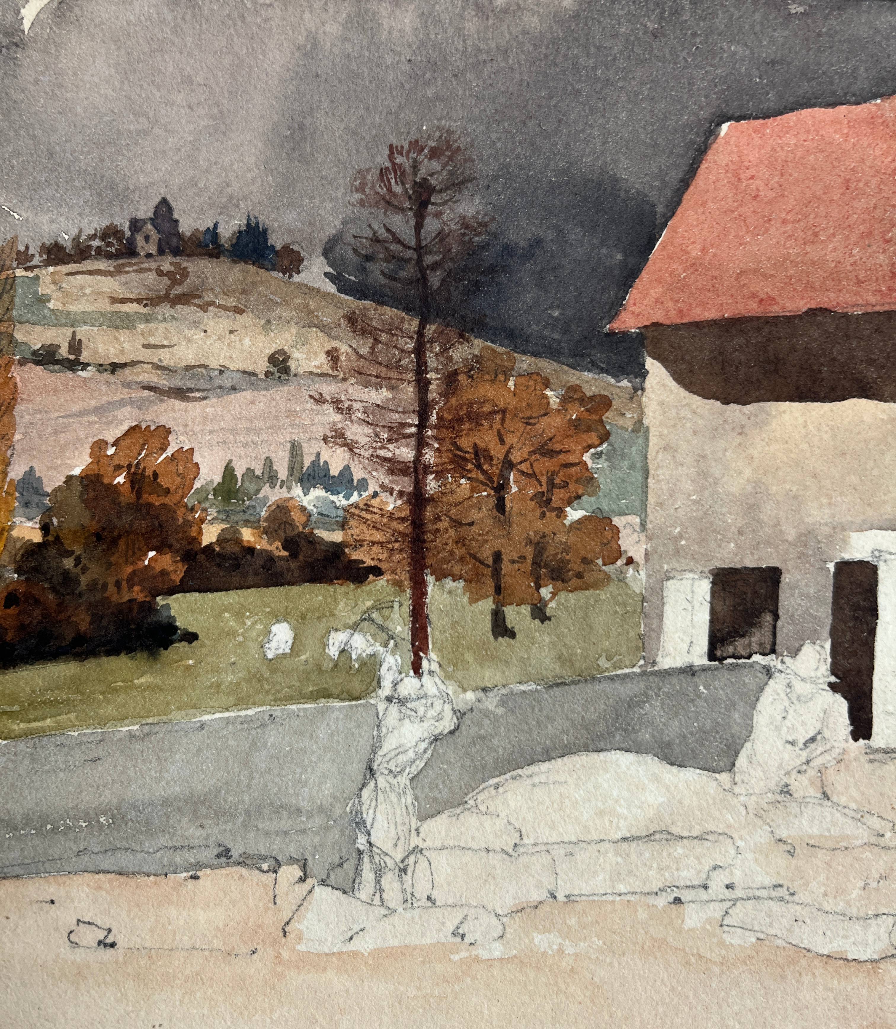 Painting Set of 3 watercolors Village and countryside early 20th century