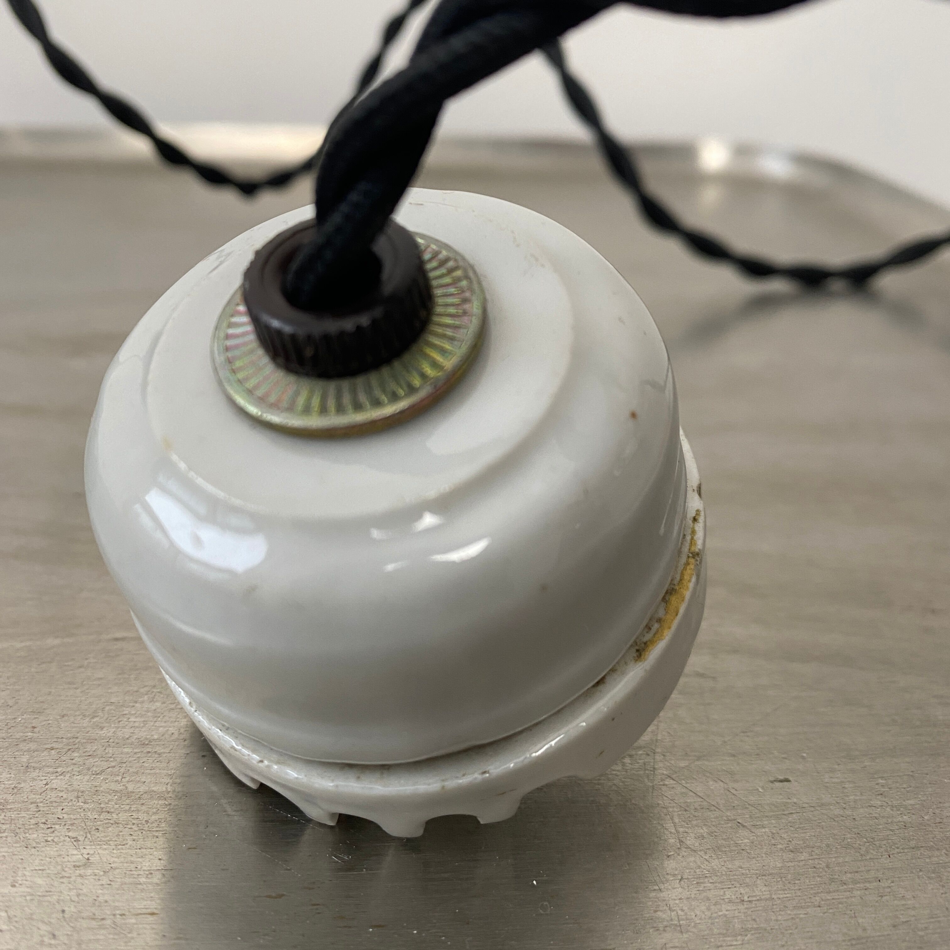 OLD INDUSTRIAL SUSPENSION TOLE EMAILLEE BLUE-GRAY