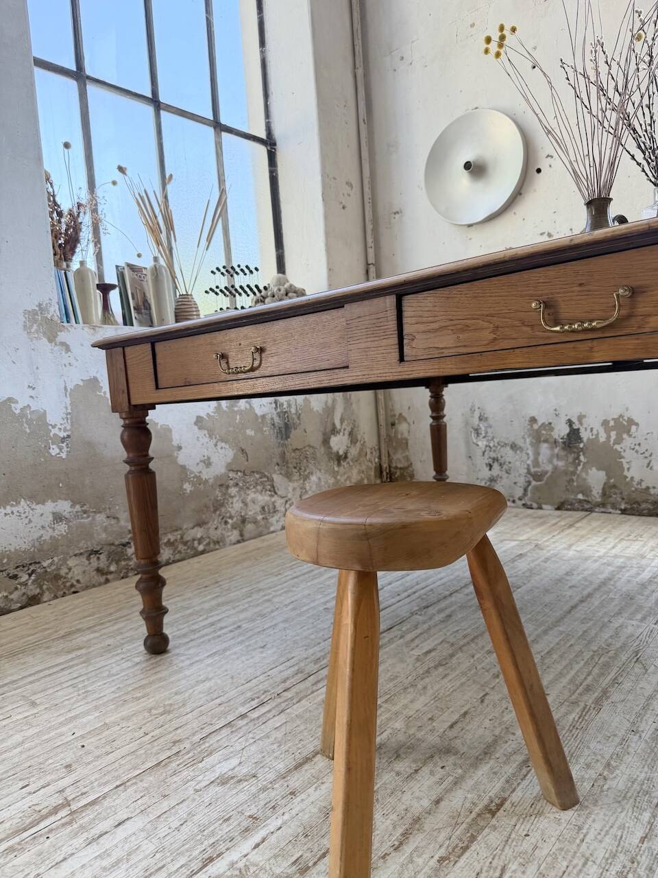 Grande table de ferme XL chêne « carrée » conférence 1950