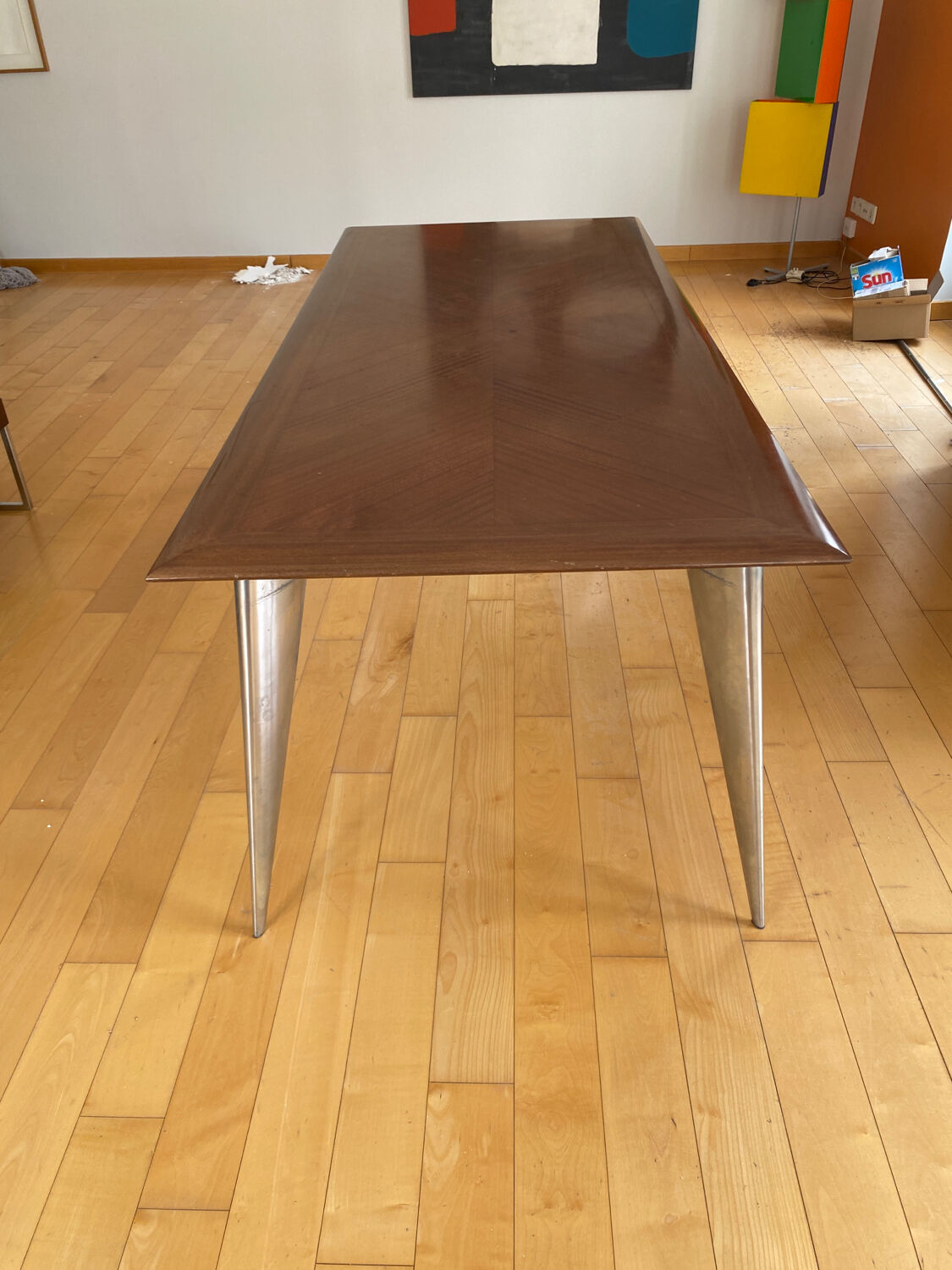 Vintage dining table by Aleph model M-series long by Philippe Starck 1987 African mahogany top