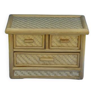 Vintage bamboo and wicker jewelry box - miniature chest of drawers - 1980s