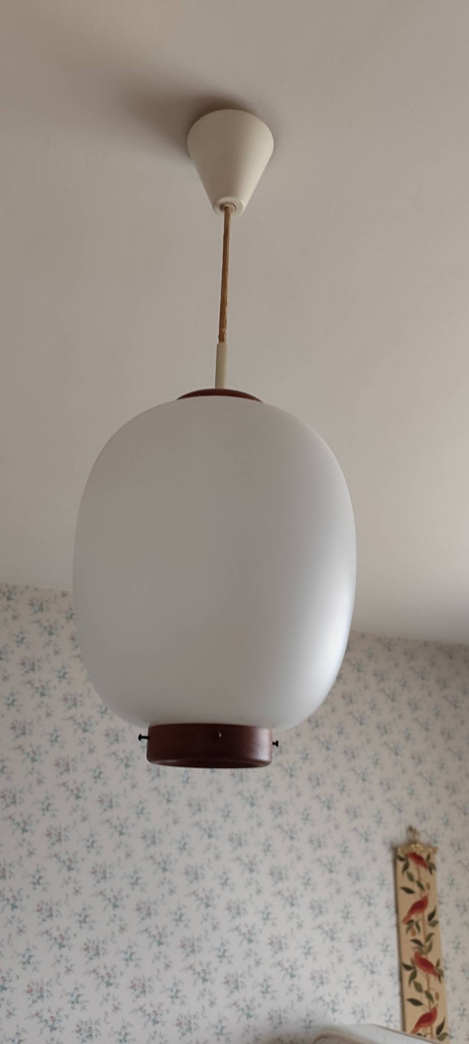 Suspension design Bent Karlby, Lyfa edition 1960s. Opaline glass, teak.