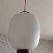 Suspension design Bent Karlby, Lyfa edition 1960s. Opaline glass, teak.