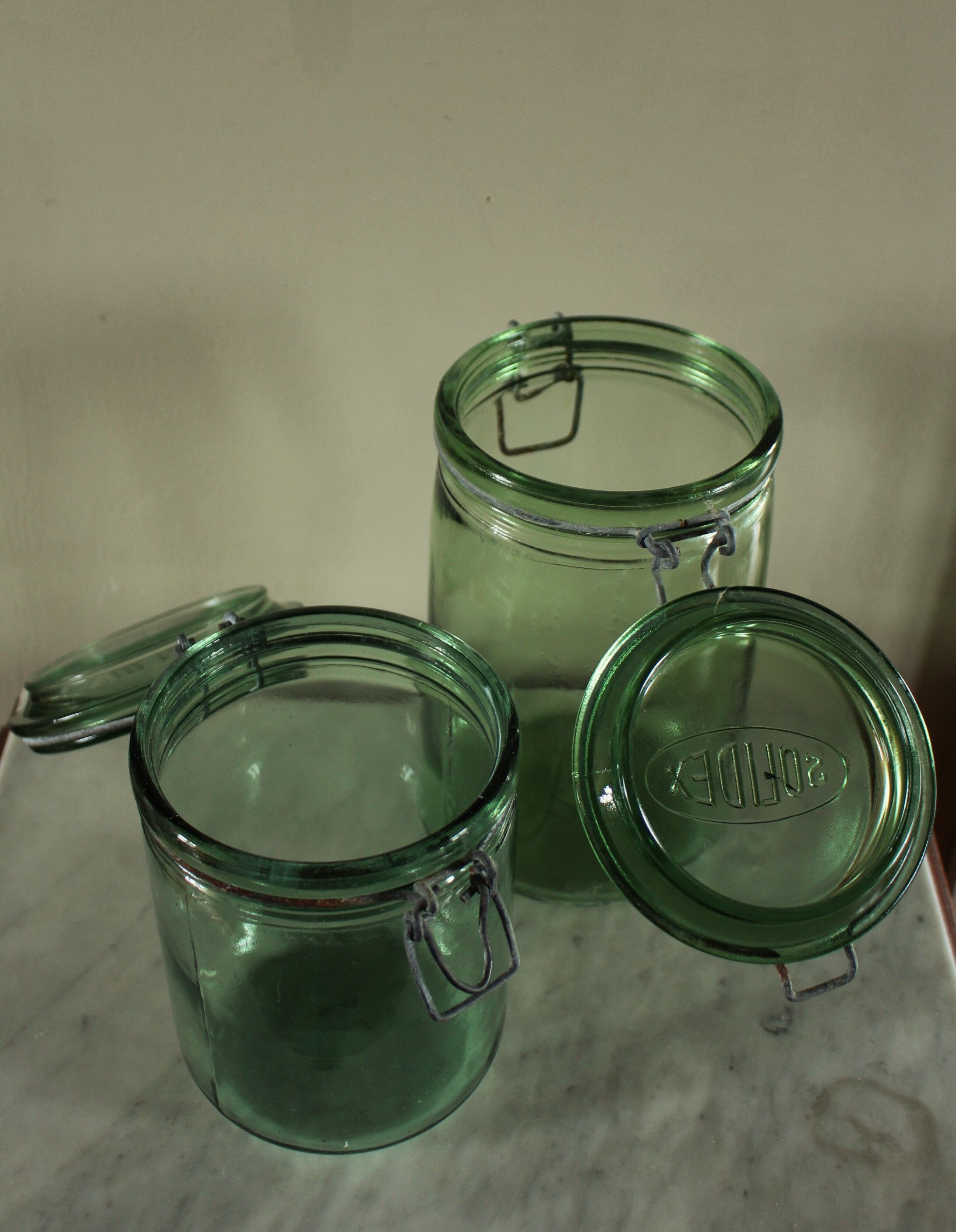 Lot 2 jars Solidex green glass