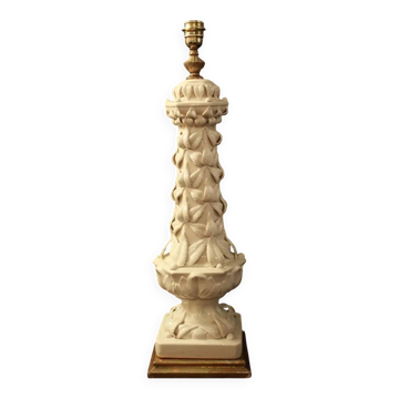 Vintage white ceramic table lamp from Manises with a raised leaf design.