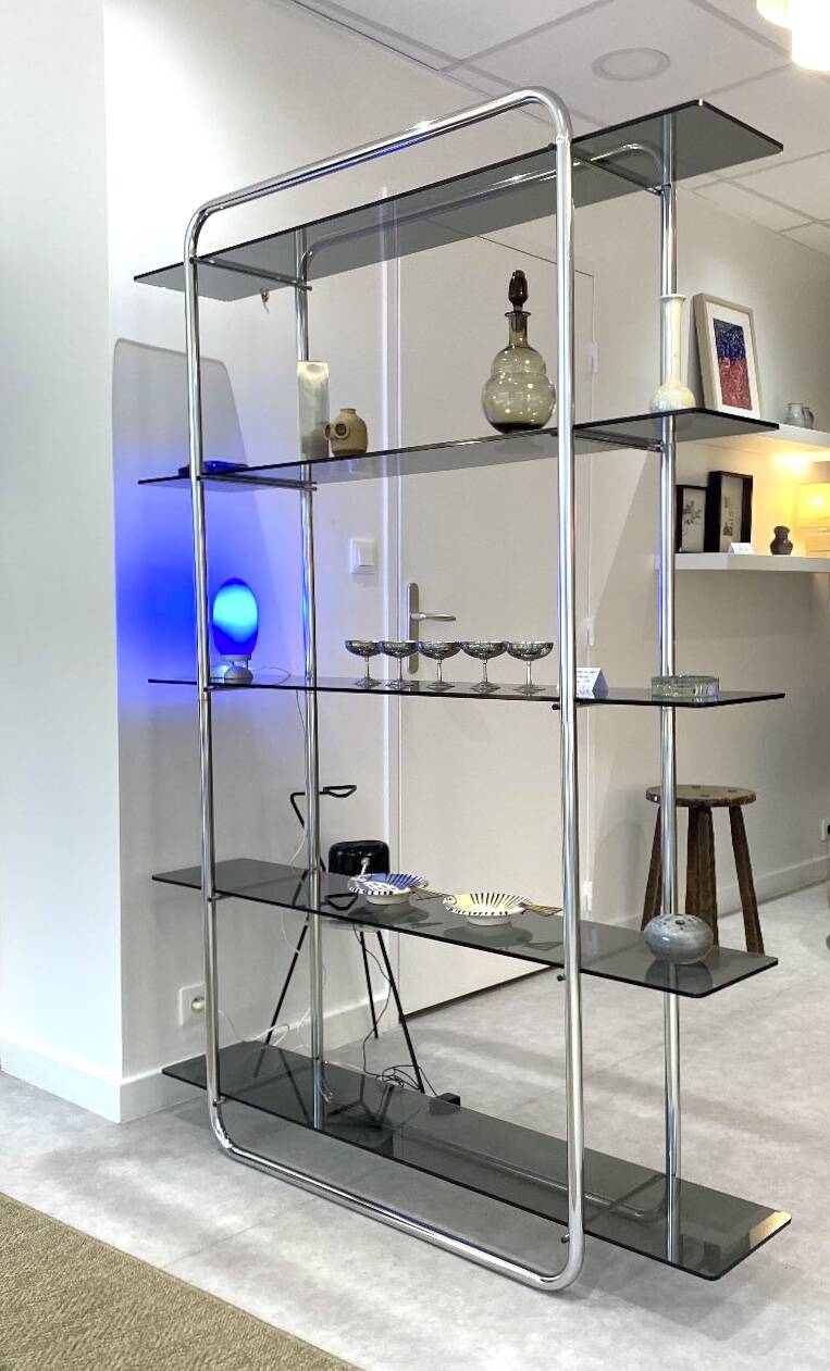 Tubular bookcase & vintage smoked glass 1970