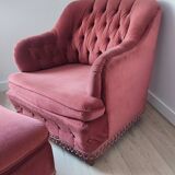 Fauteuil velours vieux rose et son repose pied
