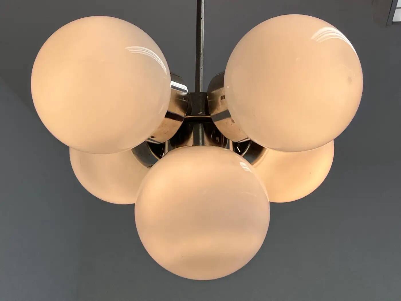 Pair of space age chrome & milk glass Sputniks - Czechoslovakia / 1970s