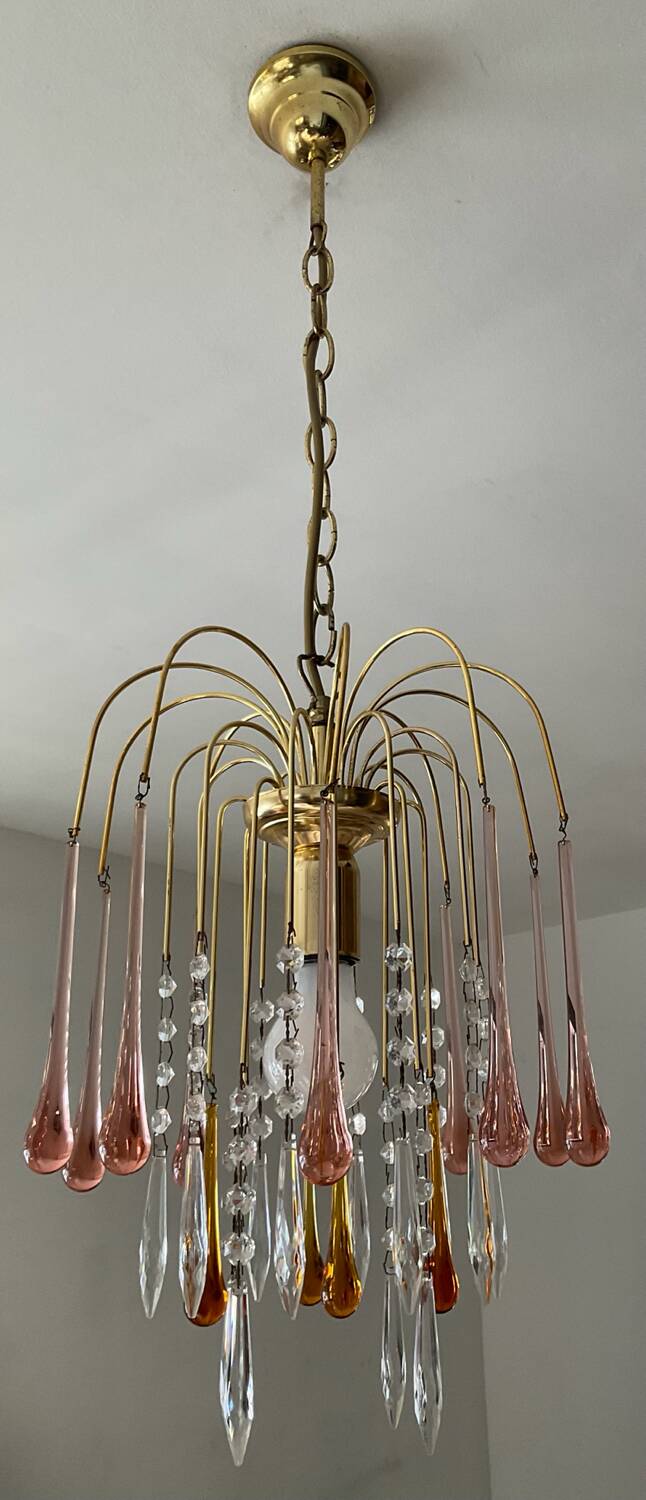 Vintage brass chandelier with glass drop pendants