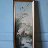 Old oil on canvas framed, "Flamingos"