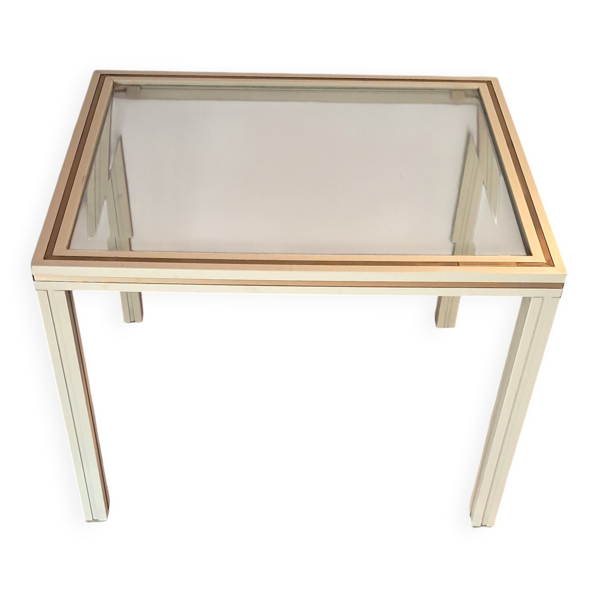 White lacquered side table by Pierre Vandel with gold brass.