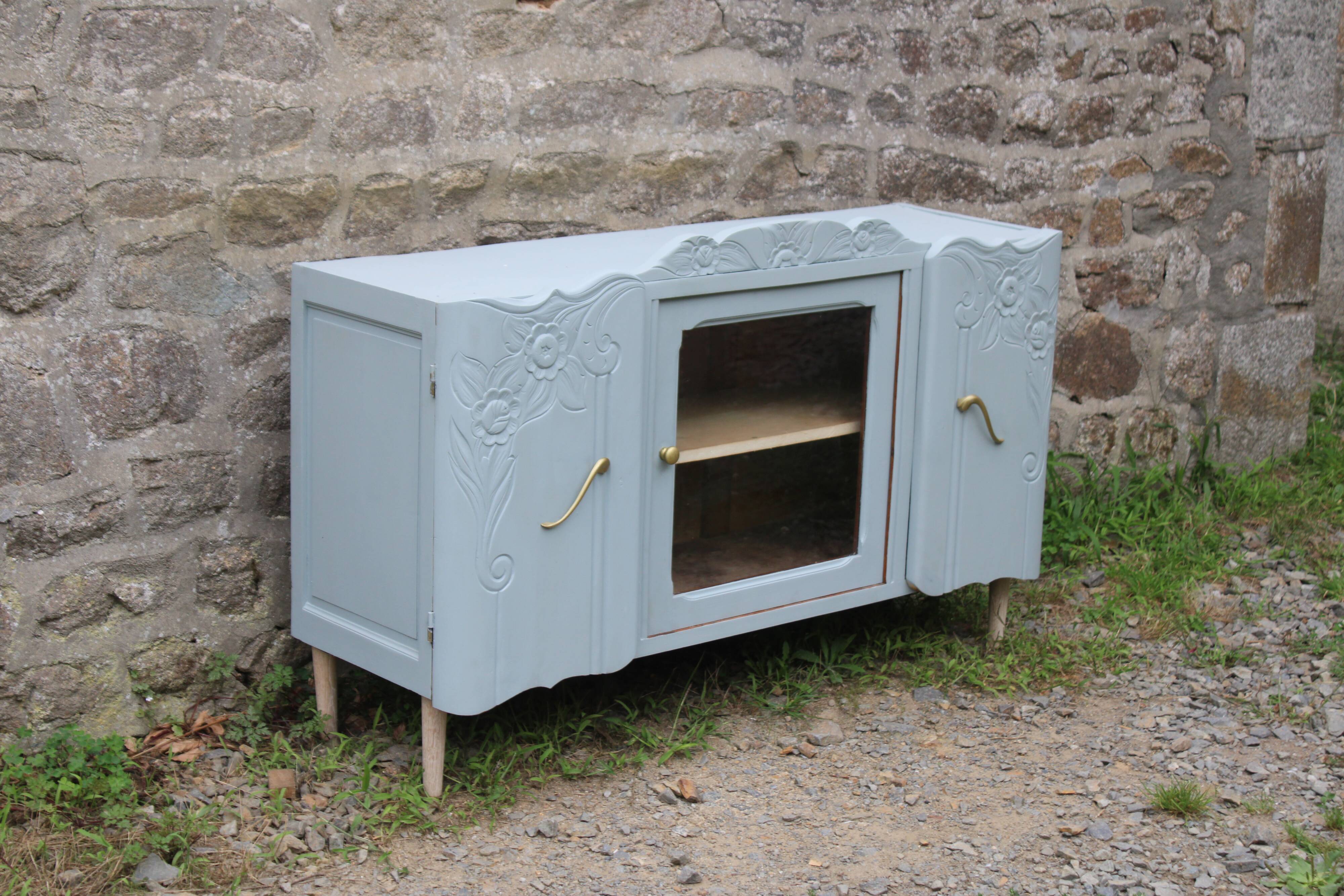 Renovated vintage low sideboard - Unique piece of furniture with floral moldings