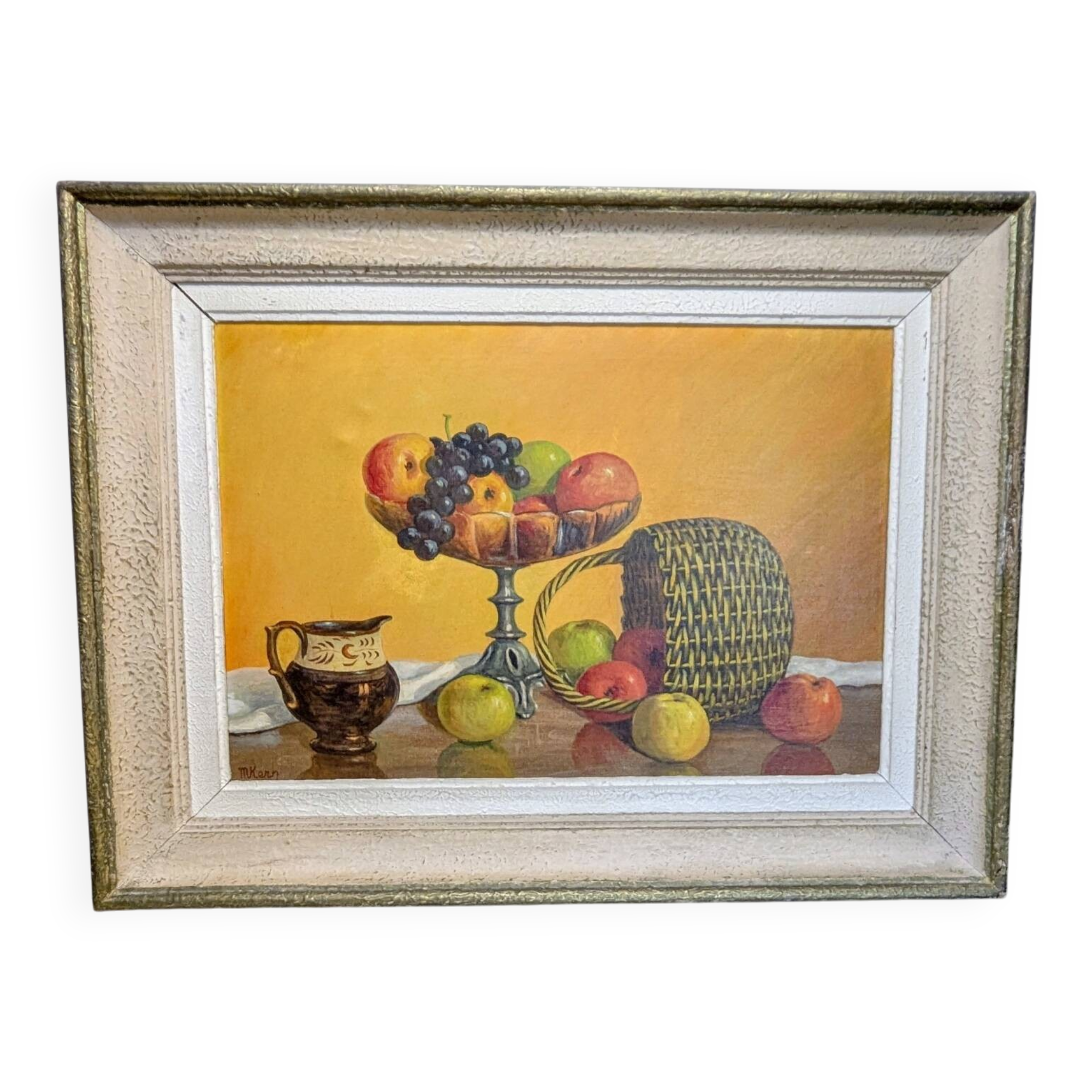 Old still life painting fruit bowl basket HST Montparnasse frame