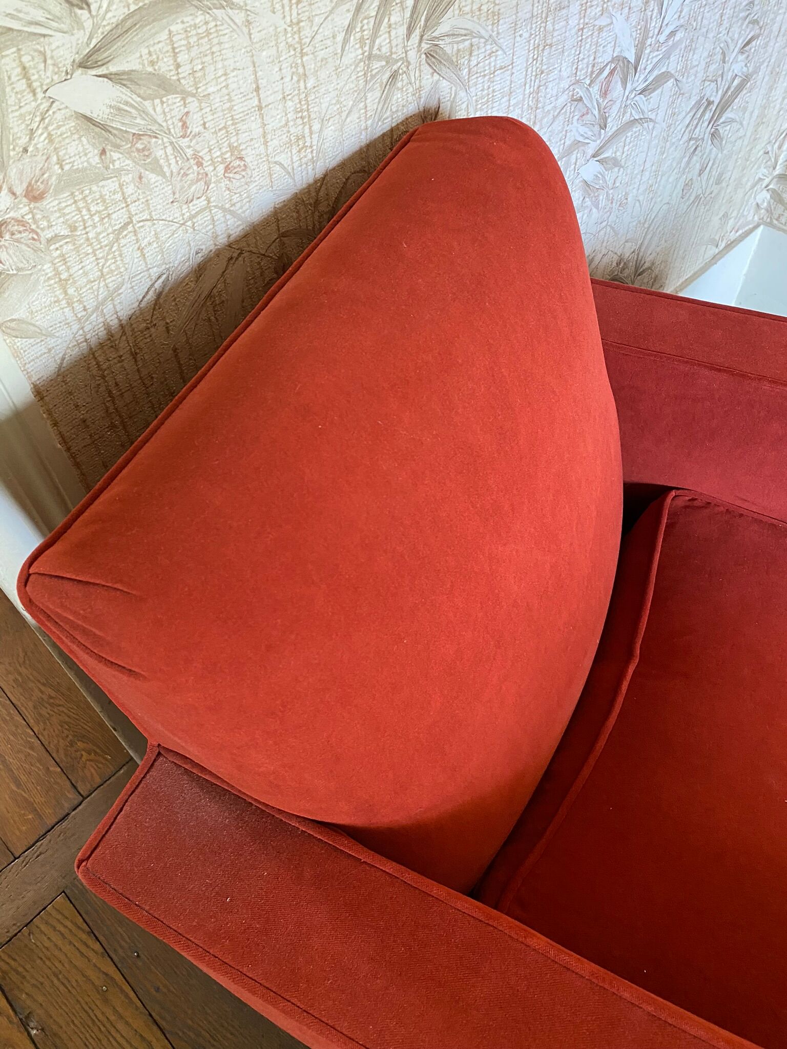 Vintage cubic armchair covered with red fabric