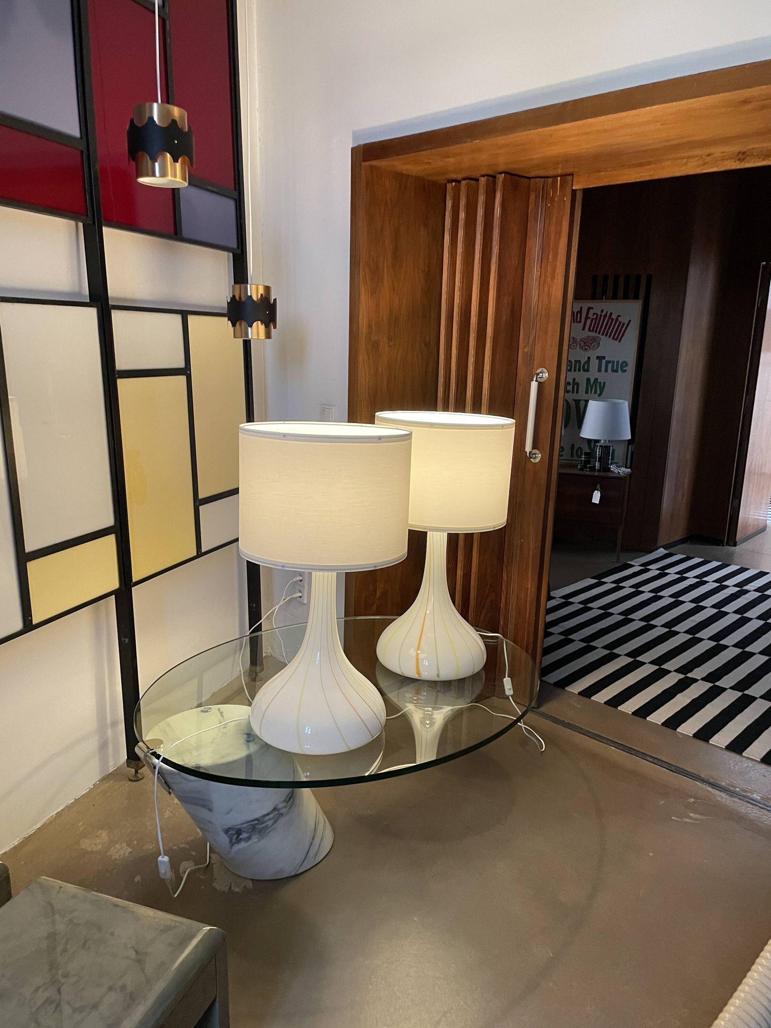Pair of 1970s tall White Glass Table Lamps model "Candy" by Holmegaard