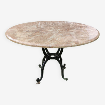 Ancienne Grande Table Ronde Pied Fonte plateau Travertin