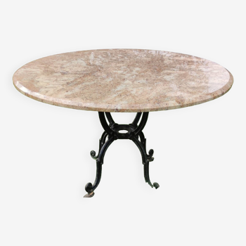 Old Large Round Table with Cast Iron Base and Travertine Top