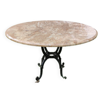 Old Large Round Table with Cast Iron Base and Travertine Top