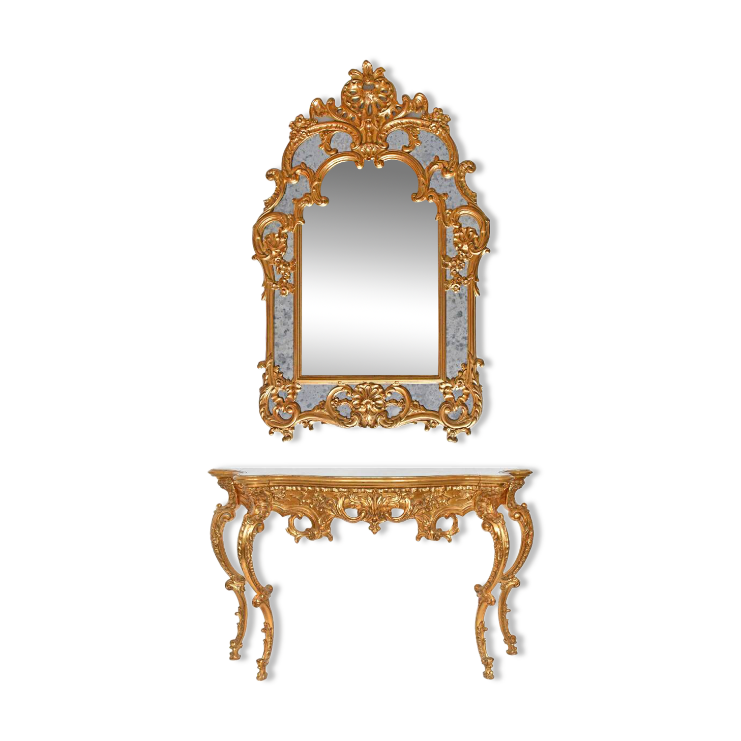 Console with a gilded wood mirror in Rococo style.