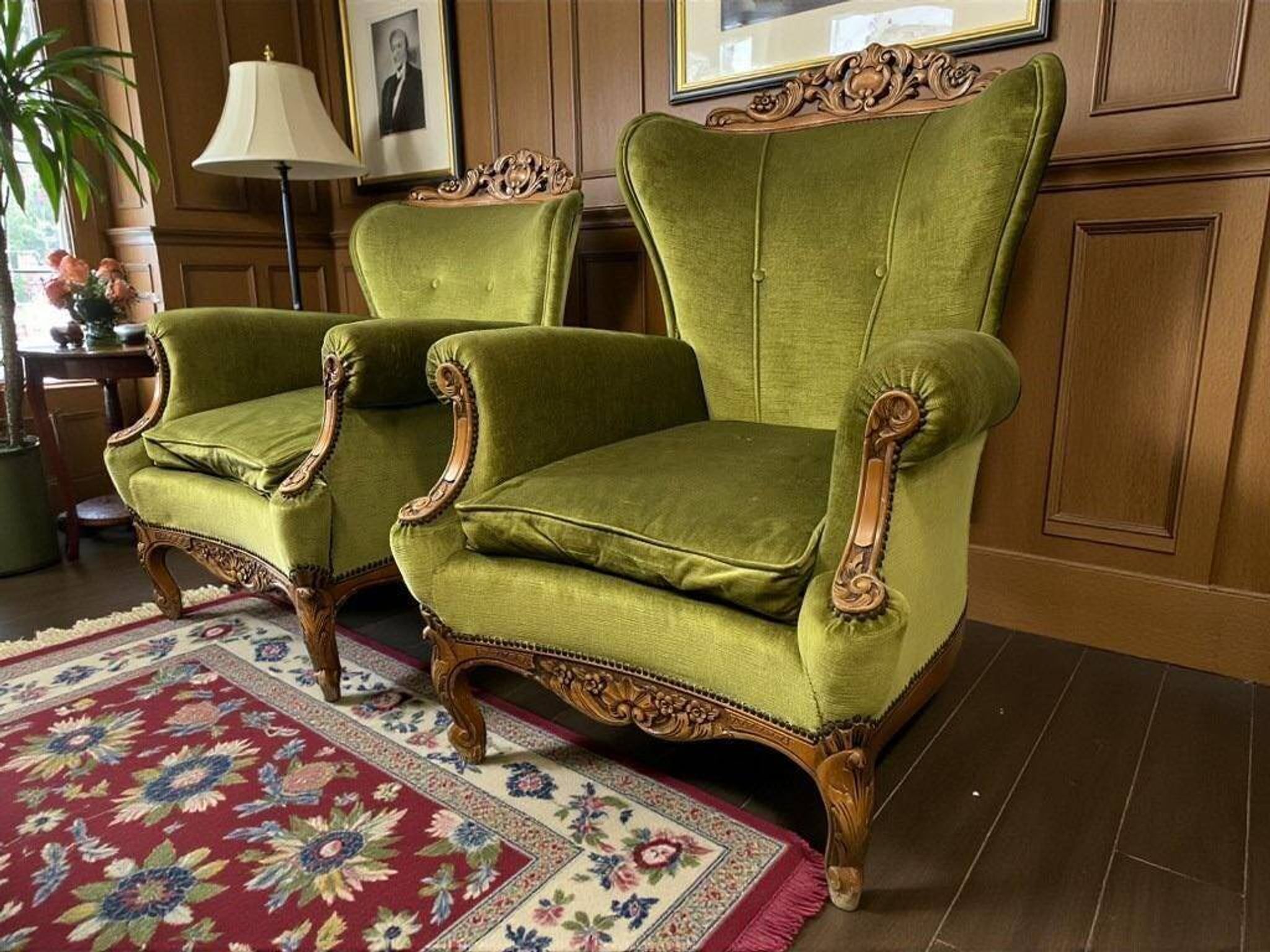 set of 2 vintage green baroque armchairs / armchairs / club chairs