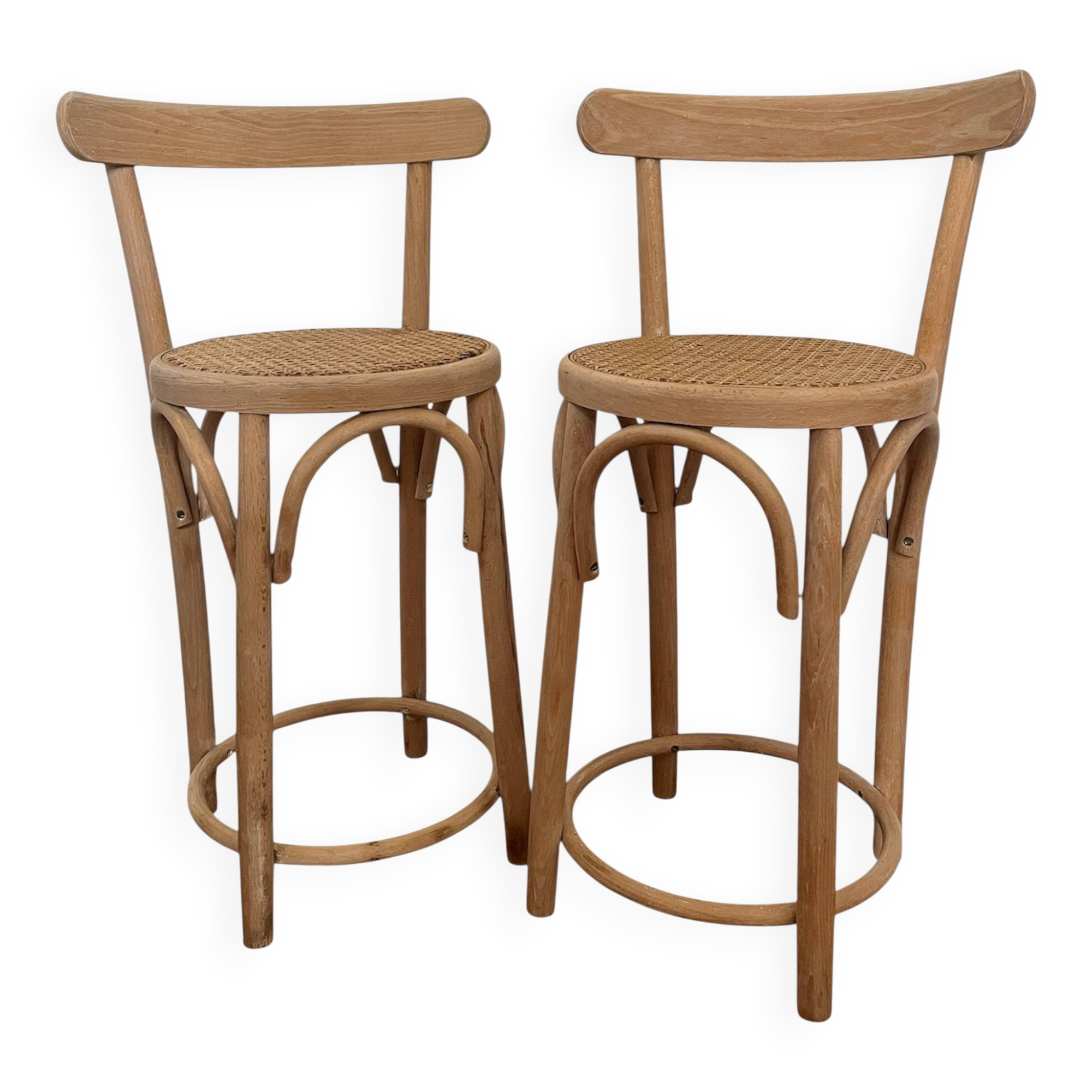 Pair of high chairs, curved wood and caning.